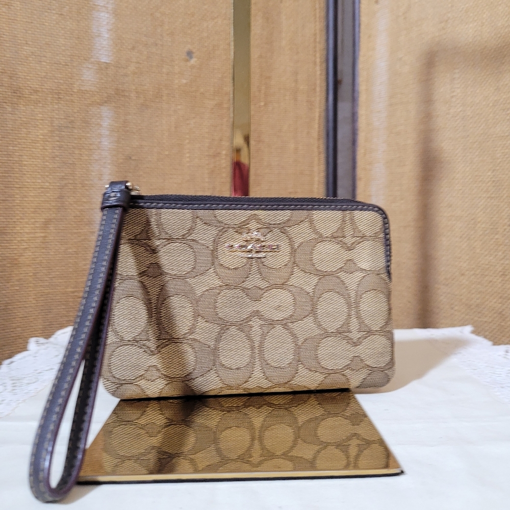 Coach Outline Signature Khaki Brown Small Wristlet